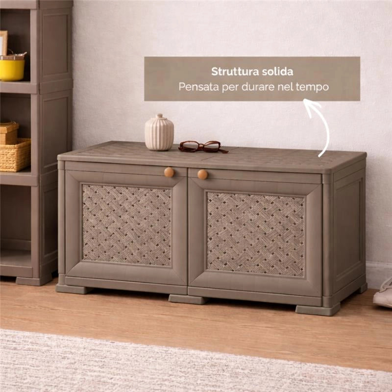 ARMADIO BASSO 79X43X46 CM CON ANTA TRAFORATA – MOBILE TV E CONTENITORE IN PLASTICA PER INTERNO ED ESTERNO COPERTO