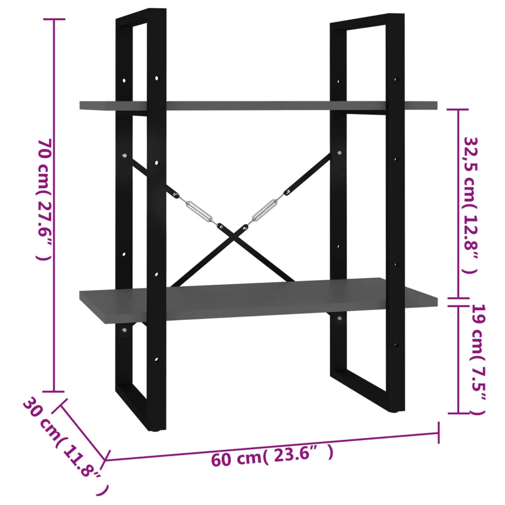 Libreria a 2 Ripiani-Scaffale per Libri-Mobile di Stoccaggio Grigia 60x30x70 cm in Legno Multistrato
