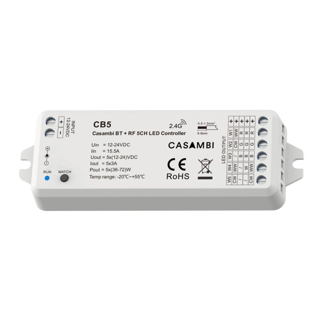 Led Dimmer Bluetooth APP Casambi, RF 2.4GHz, 5 in 1 Per Striscia Led Mono Colore CCT RGB RGBW RGB+CCT 12V 24V 5CHX3A, 0-100%