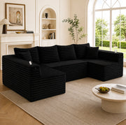 Divano modulare a U ULEVR 320x155 cm in velluto a coste nero, portabevande, tasca laterale e 6 cuscini
