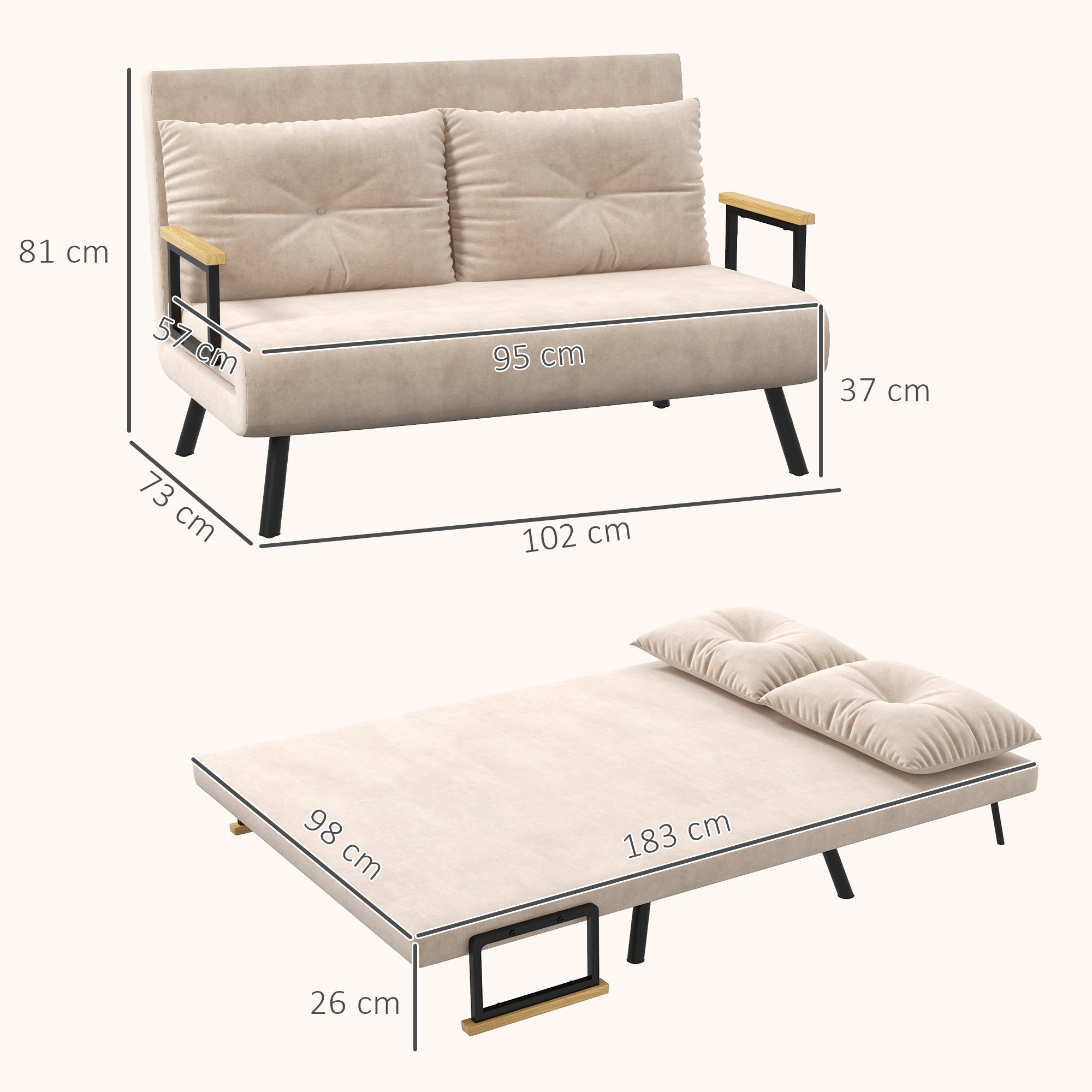 Divano Letto 3 in 1 con Schienale Regolabile e 2 Cuscini 102x73x81 cm in Tessuto Effetto Velluto Beige