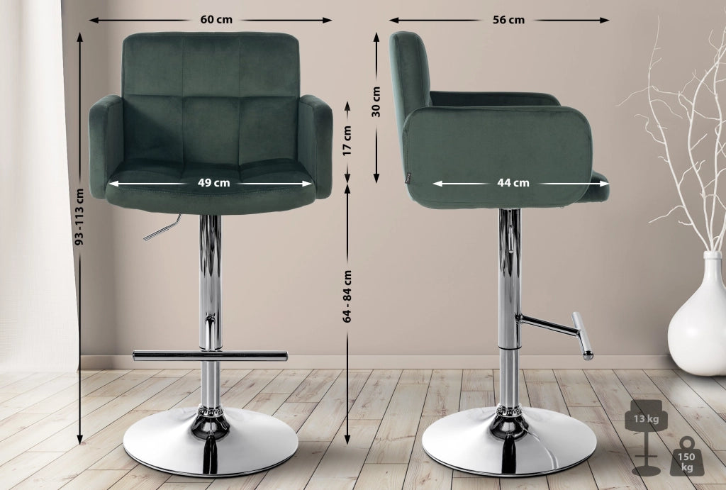 Set di 2 sgabelli da bar Los Angeles in velluto Verde scuro,cromo