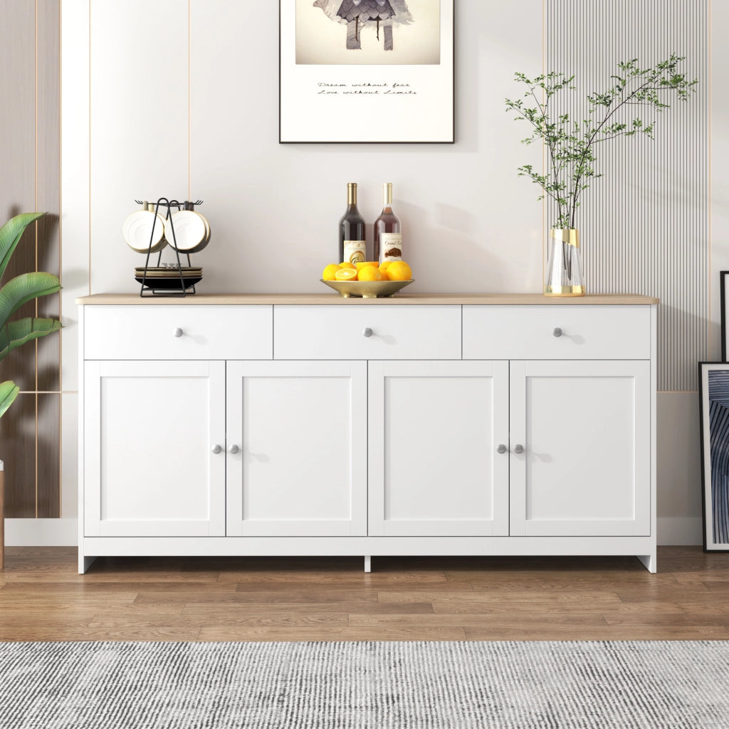 Credenza con 4 Ante e 3 Cassetti; Ripiani Regolabili; Stile Country; in MDF; Bianco; 160??37??75 cm