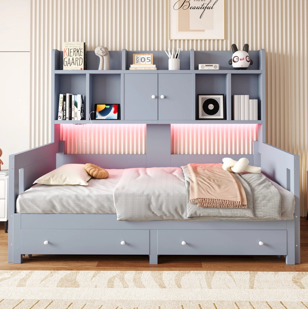Divano letto estraibile 90x190 cm con cassetti e LED in legno grigio