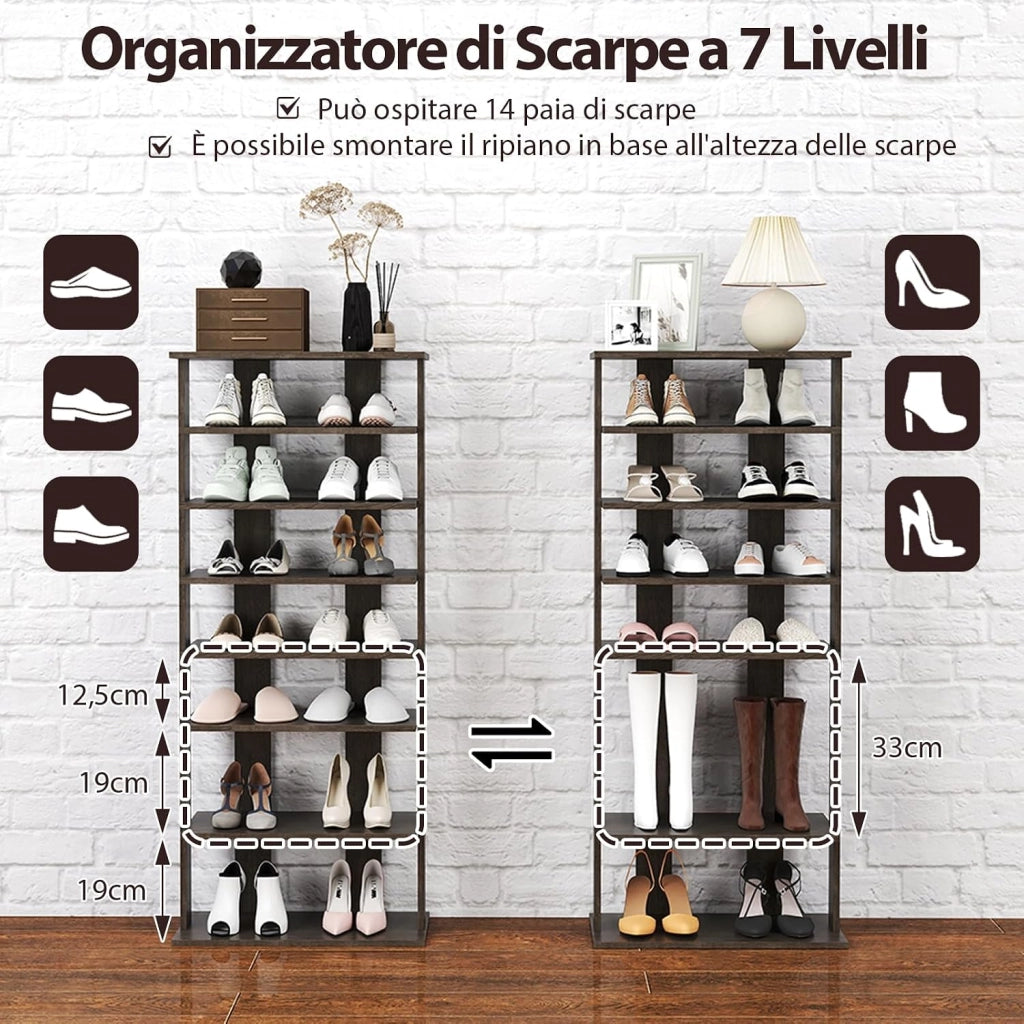 Scarpiera Verticale a 7 Livelli, Organizer per Scarpe in Stile Retrò, con Pannello Rimovibile, Scaffale per Scarpe per Corridoio Ingresso Armadio, 45x25x110 cm (Grigio)