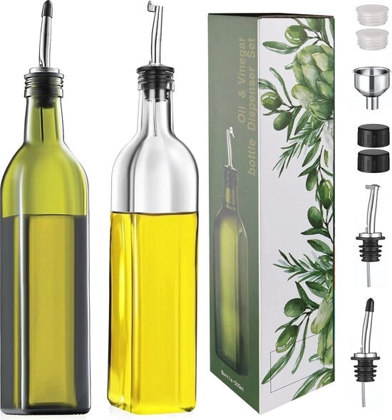 Set di Dispensazione dell'Olio d'Olive da 2 - Becher, Cucchiaio in Acciaio Inossidabile e Coperchio Eritellato - 500 ML