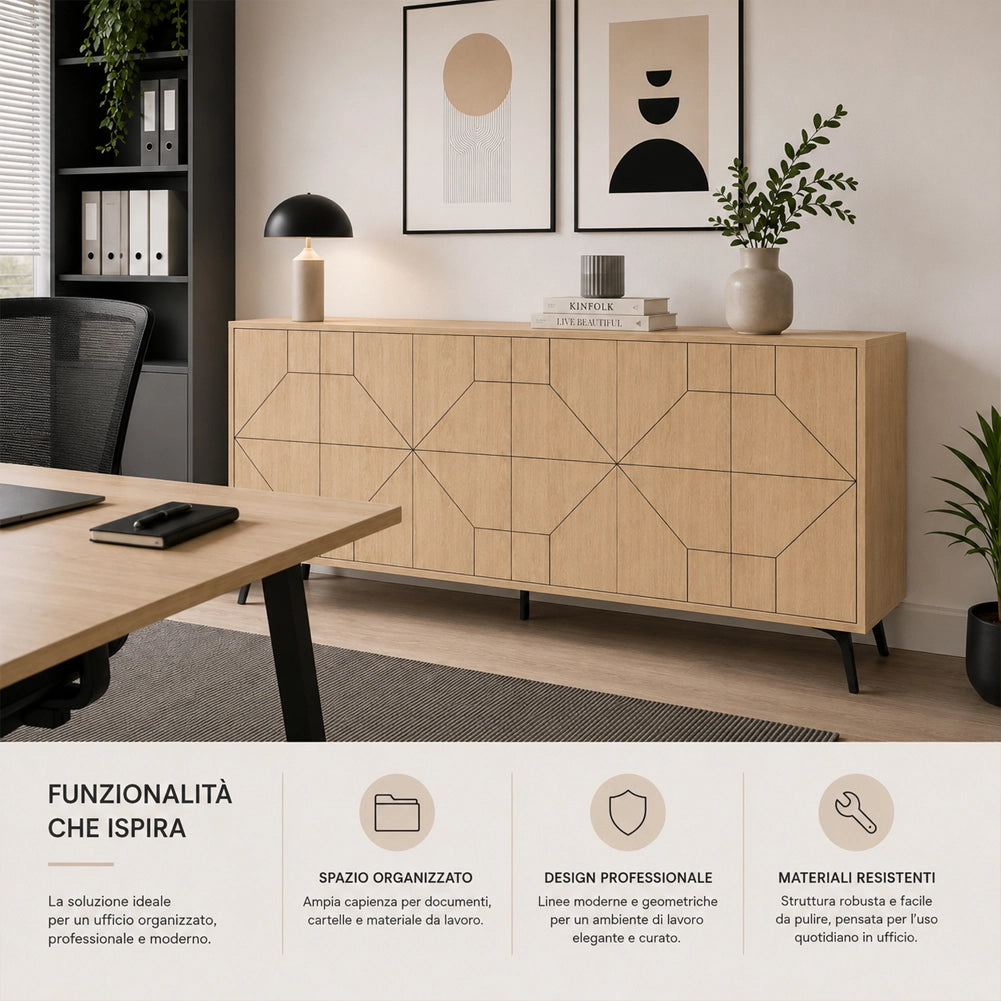 Madia con 6 Ante Credenza Design Geometrico Moderno in Legno 184x77 cm Quercia
