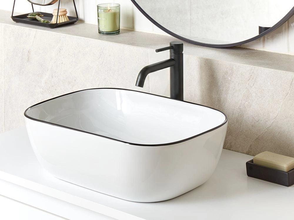 Lavabo da appoggio Bianco con bordo nero Ceramica lucida 460 x 330 mm Lavabo da bagno ovale