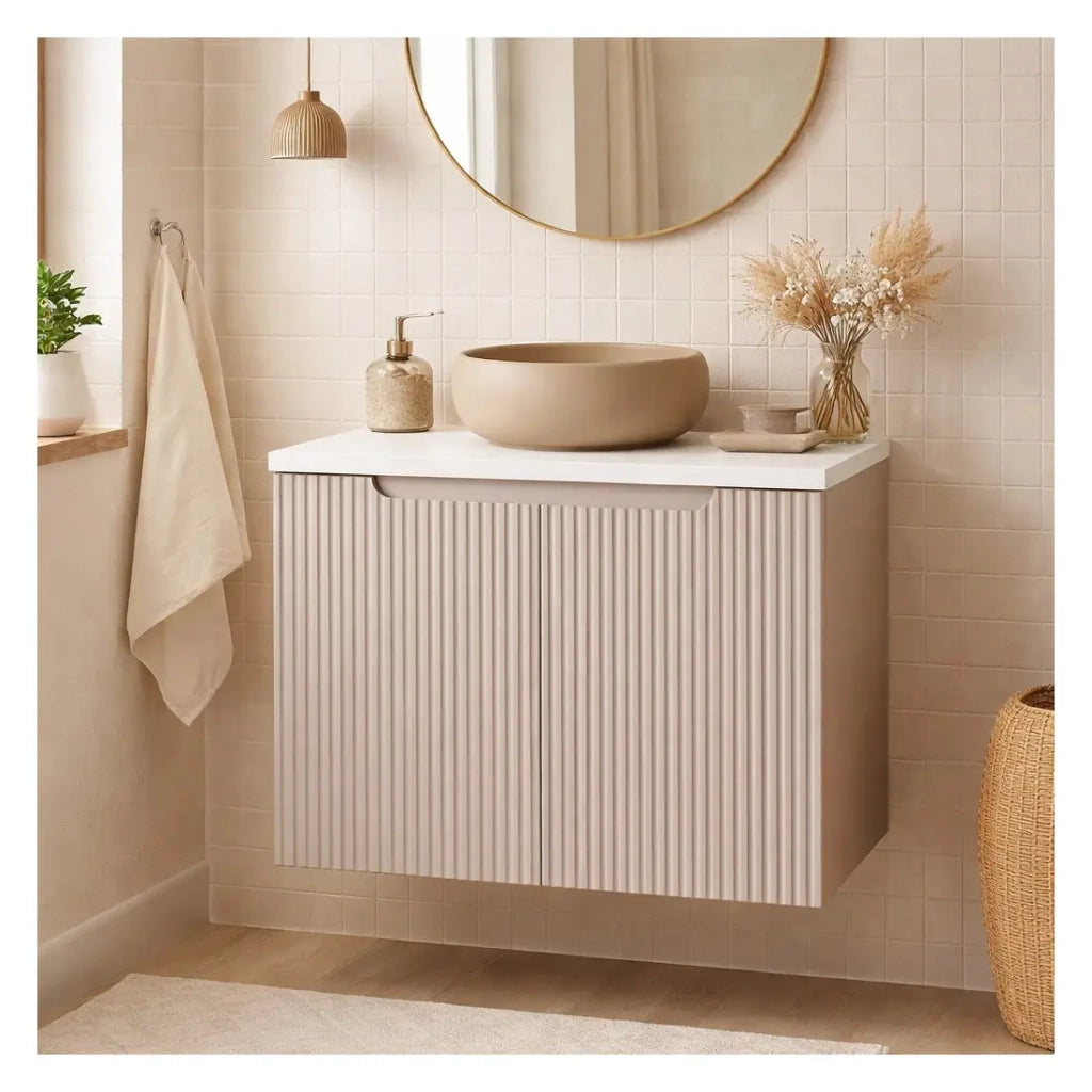 Set da bagno VANO cachemire e bianco 60cm: mobile sottolavabo con ante scanalate verticalmente + piano per lavabo