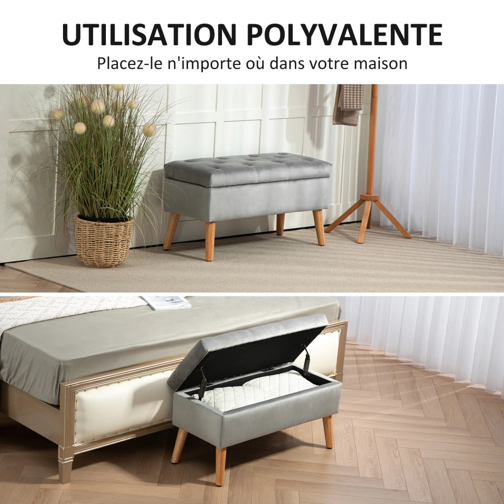 Cassa di stoccaggio tessuto effetto velluto con piedi in legno ¨C Minimal ¨C Grigio 80x35x42 cm