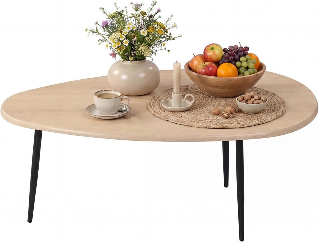 Tavolino da Caffè Mid-Century Moderno, Tavolino d'Accento Ovale Irregolare con Gambe in Metallo, Tavolino Compatto per Soggiorno, Ufficio Domestico, Angolo Lettura, Facile da Montare (Naturale)
