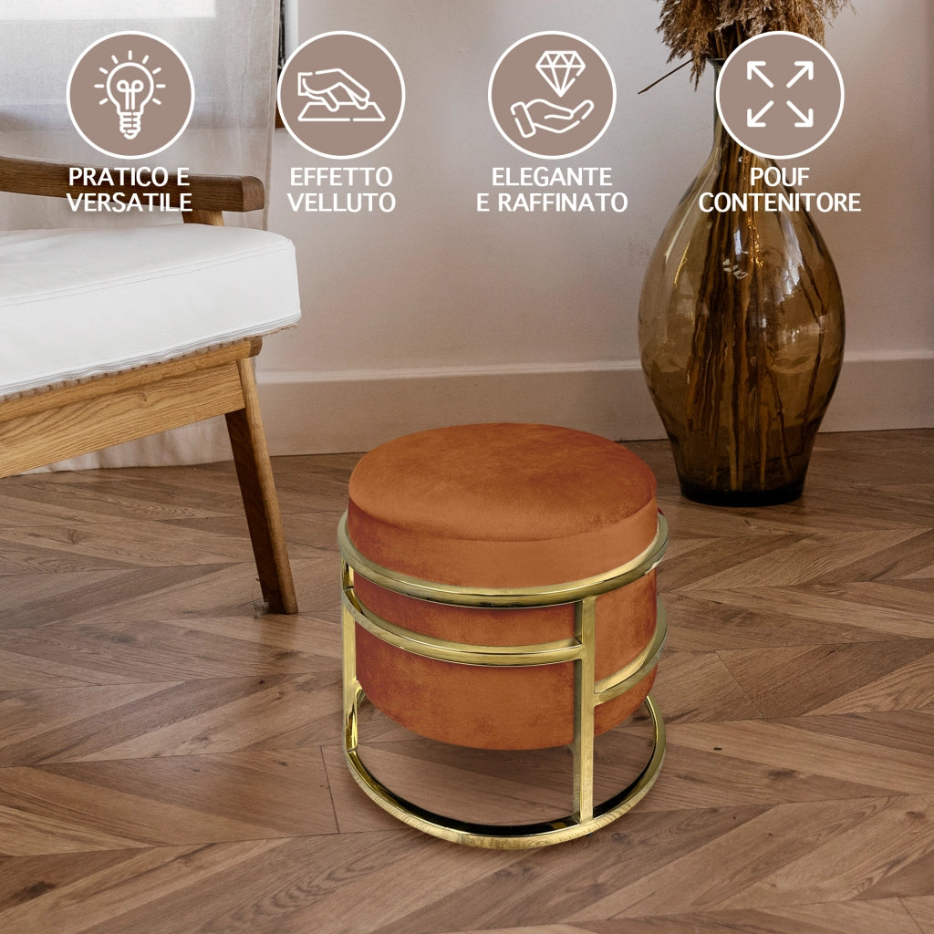 Pouf Contenitore Poggiapiedi Velluto Con Struttura Circolare Cromata Oro Elegante Imbottito Sgabello Per Toeletta Mobile Trucco Ottomano Ingresso Camera Da Letto Rotondo - Ruggine