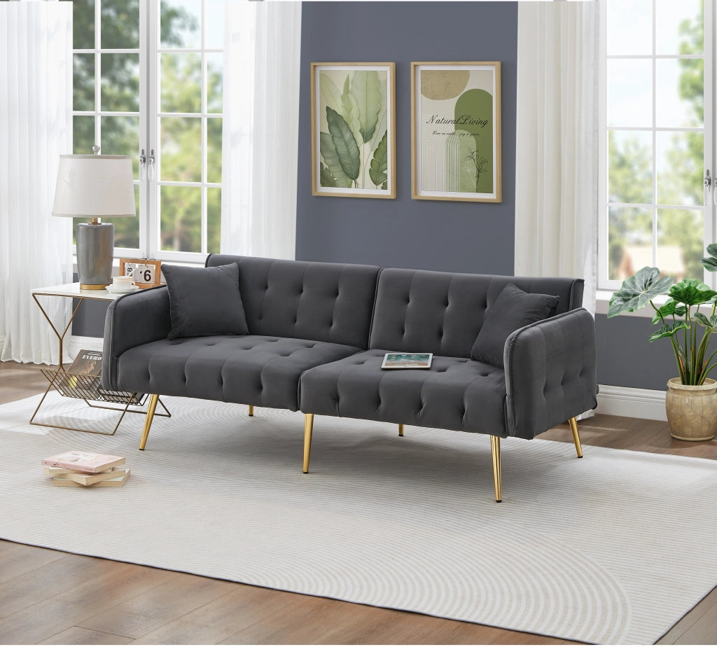 OKWISH Divano Letto 2 Posti, Schienale Regolabile e Braccioli Multilivello, con Cuscini, Velluto Grigio Anticato