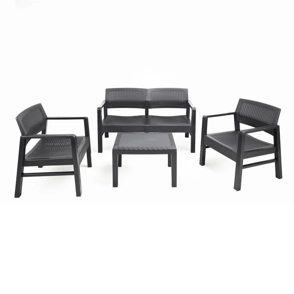 SET MOREEA DA GIARDINO EFFETTO RATTAN IN COLORE ANTRACITE CON CUSCINI