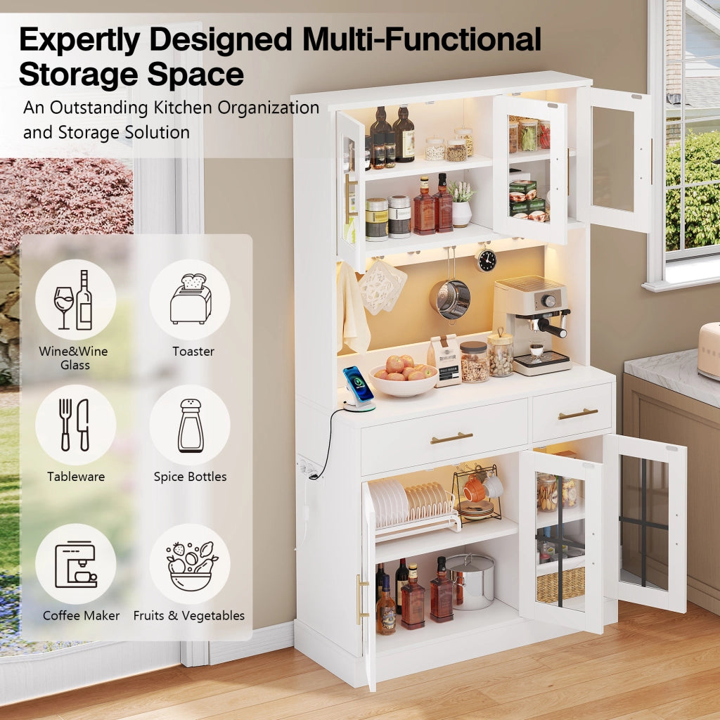 Credenza da cucina con 6 Ante; 2 Cassetti; Ripiani Regolabili e LED; Stile Rustico; in MDF; Bianco
