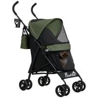 Passeggino per Cani con 2 Finestre a Rete, in Acciaio e Tessuto Oxford, 76x44x103 cm, Nero e Verde Scuro