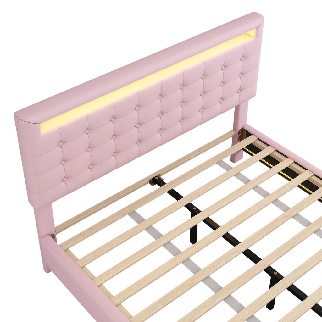 LETTO fluttuante 140x200 cm PU rosa con LED e testiera regolabile