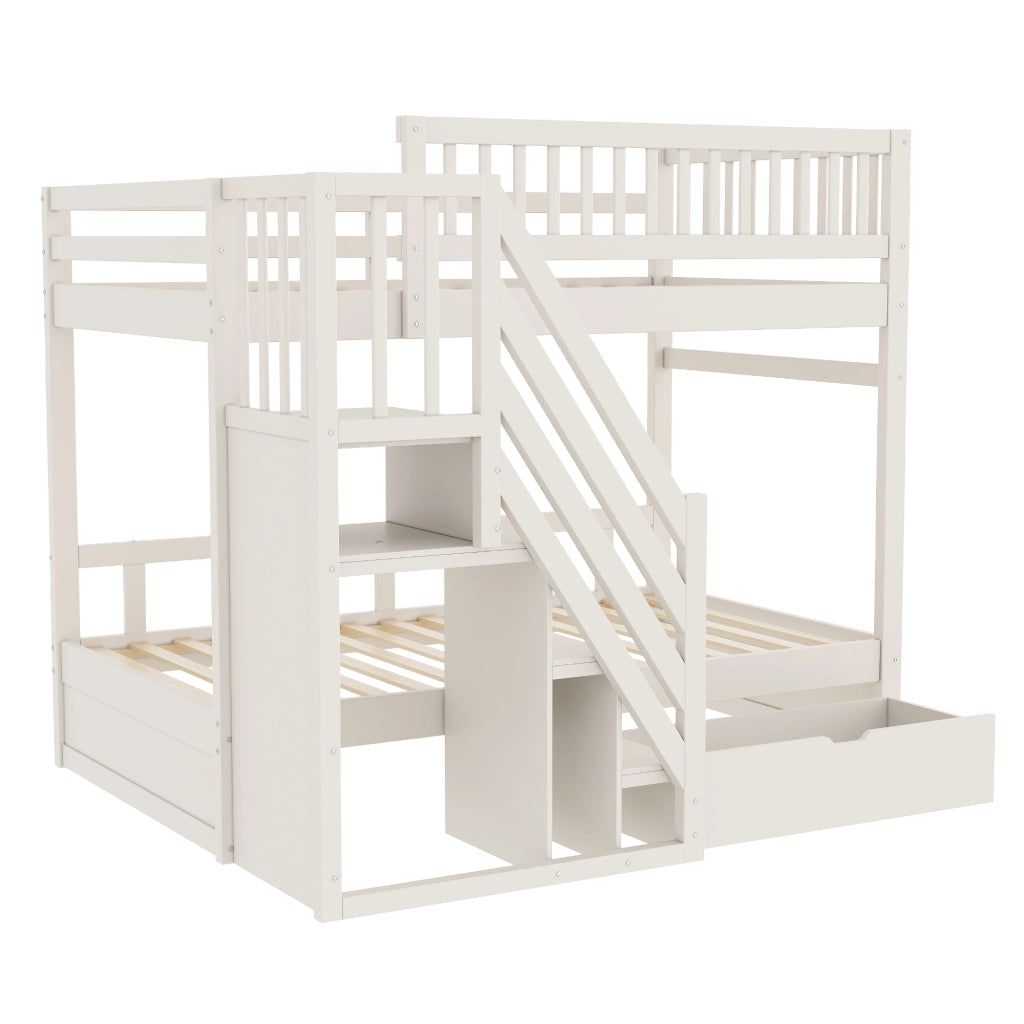 OKWISH Letto a Castello 90×200 cm, Letto Singolo con Scala Contenitore, Cassetti e Sponda Alta, senza Materasso, Legno, Bianco