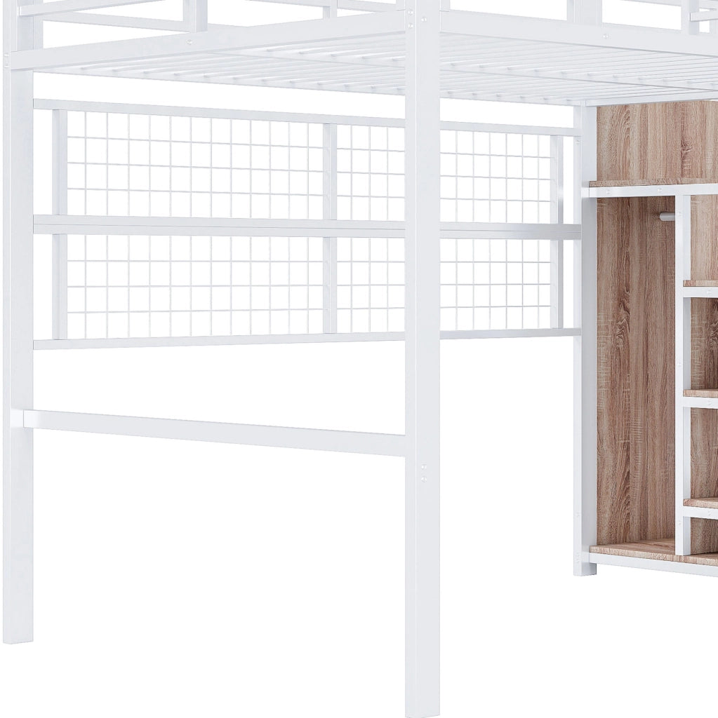 Letto a soppalco 140x200 cm con scala armadio e griglia; metallo; bianco; (Senza materasso)