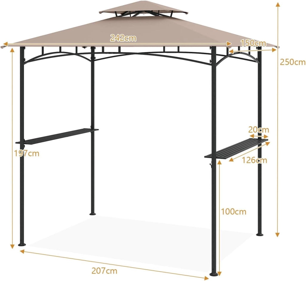 Barbera a doppio tetto, gazebo da giardino esterno per griglia con 2 ripiani e 7 ganci, gazebo da barbecue, per campeggio, picnic, feste, barbecue, barbecue, 240 x 151 x 255 cm (caffè)