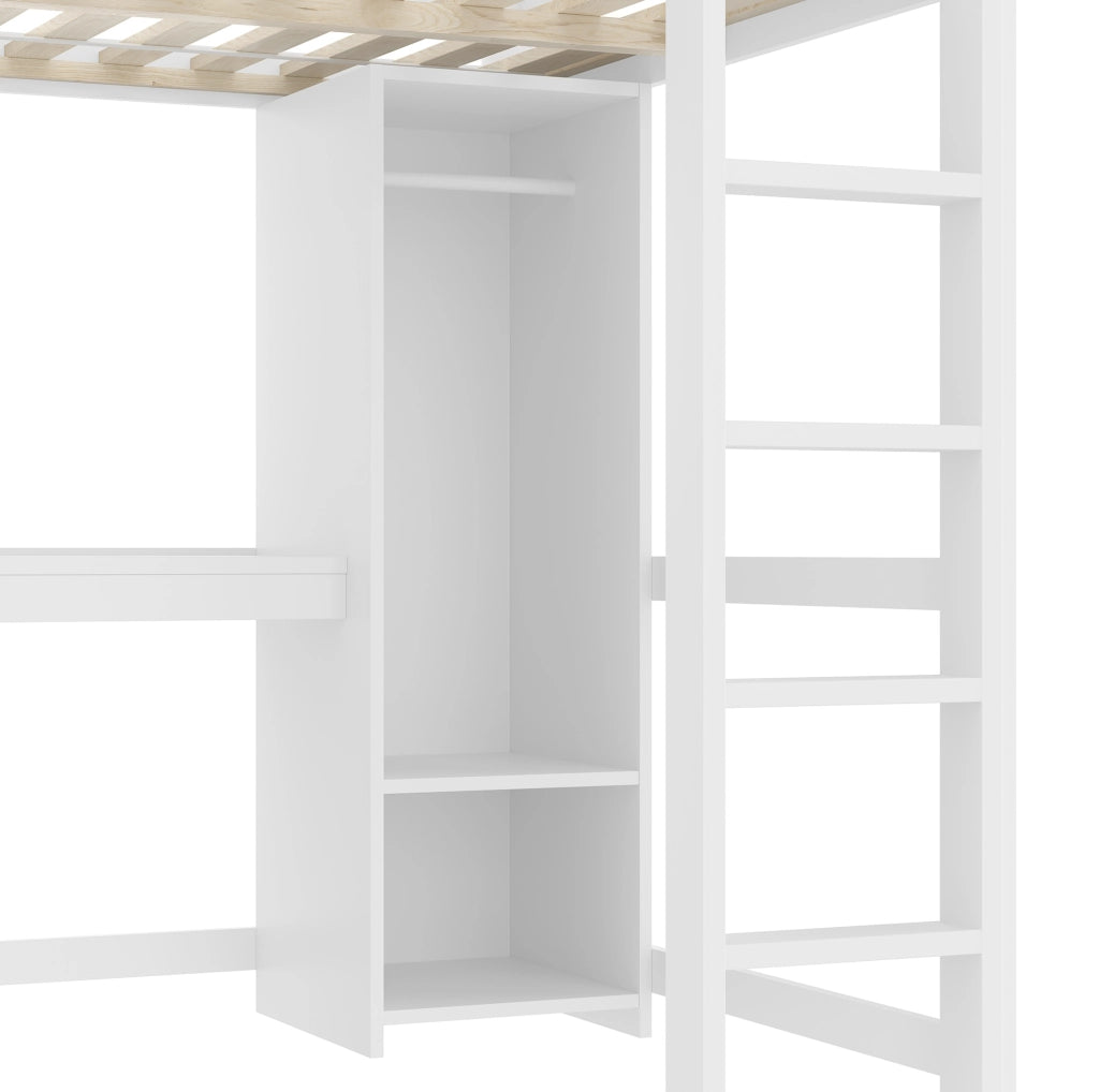 Letto a soppalco 140x200 cm con scrivania; scaffali e armadio; bianco