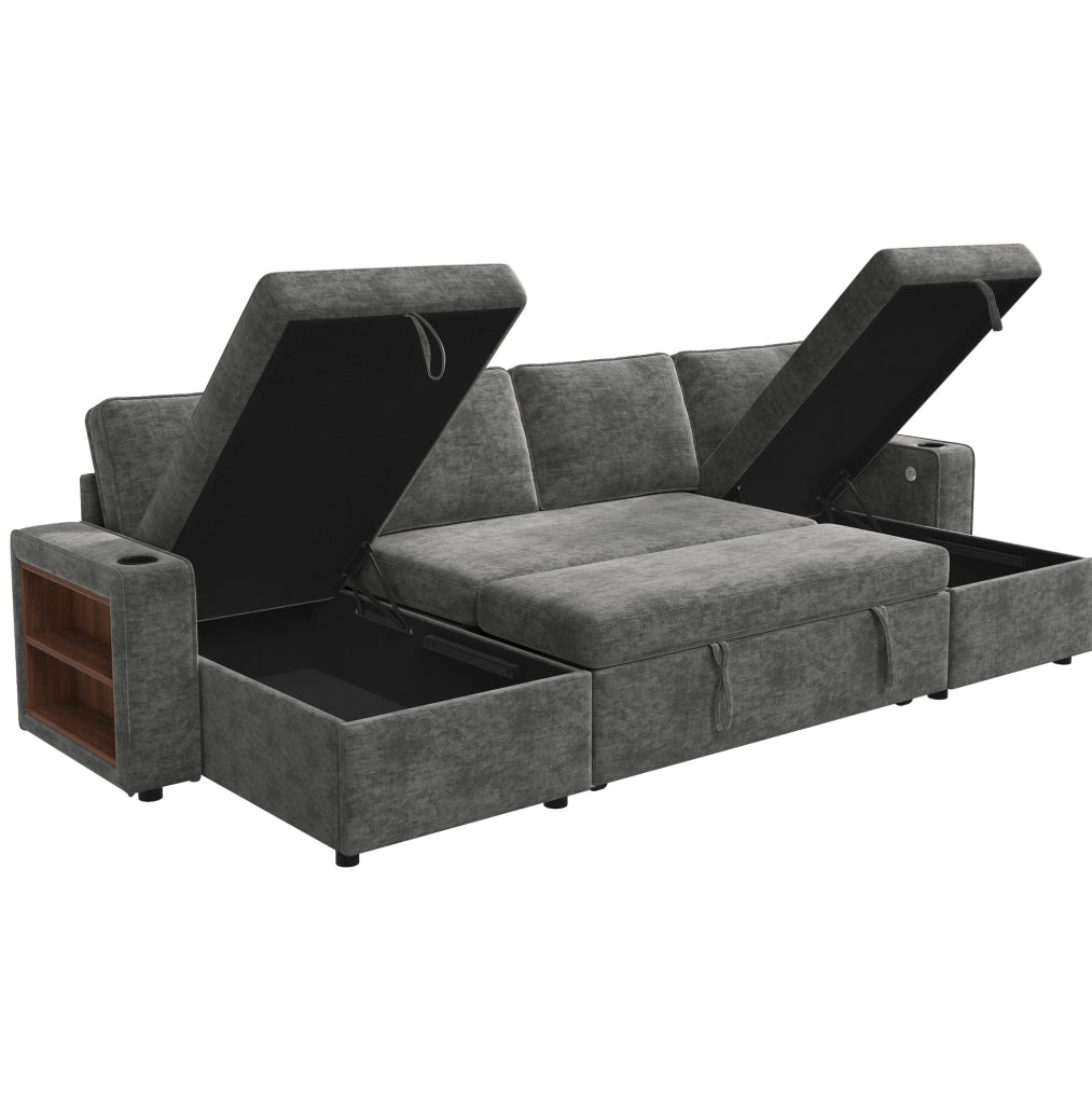 Divano angolare a U trasformabile 270x125x86 cm in chenille grigio con contenitore e USB
