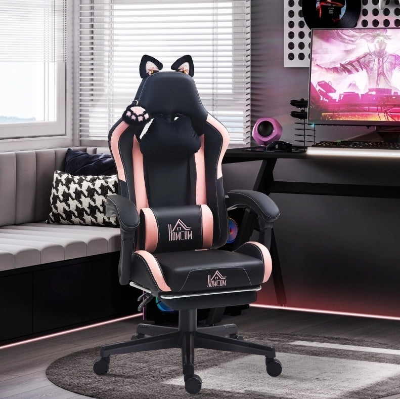 Poltrona gaming nera con orecchie di gatto e poggiapiedi