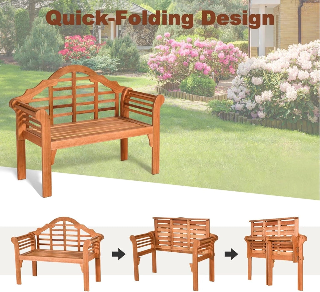Panca da giardino pieghevole a 2 posti, in legno di acacia, con braccioli e schienale, portata massima 360 kg, per giardino, terrazza, balcone
