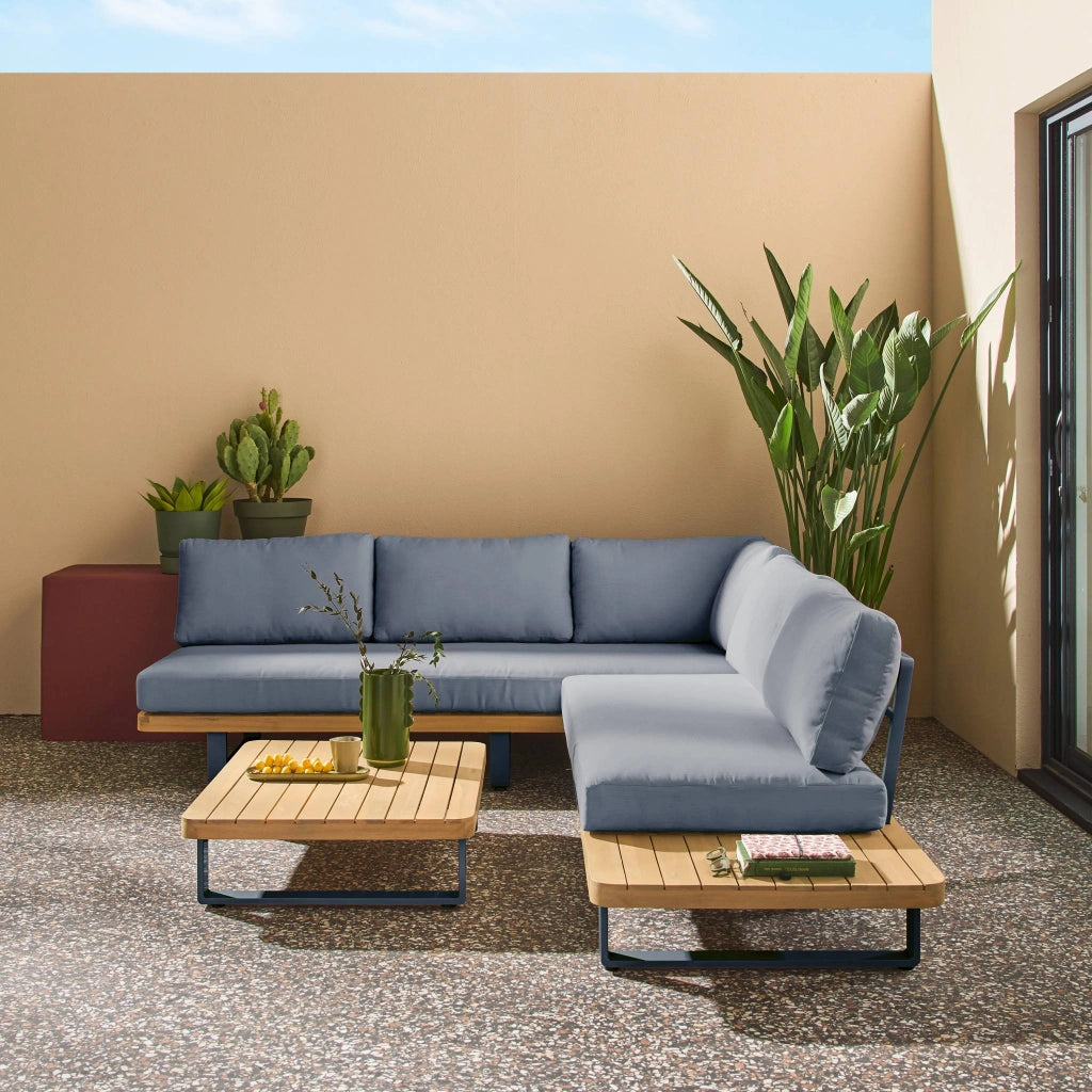 Salotto da giardino angolare in legno di acacia e alluminio, 5 posti,