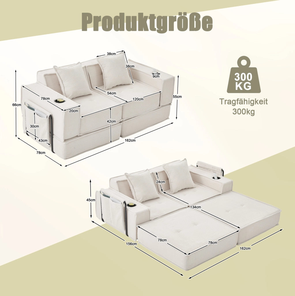 Divano pouf modulare beige in velluto a coste con 2 cuscini