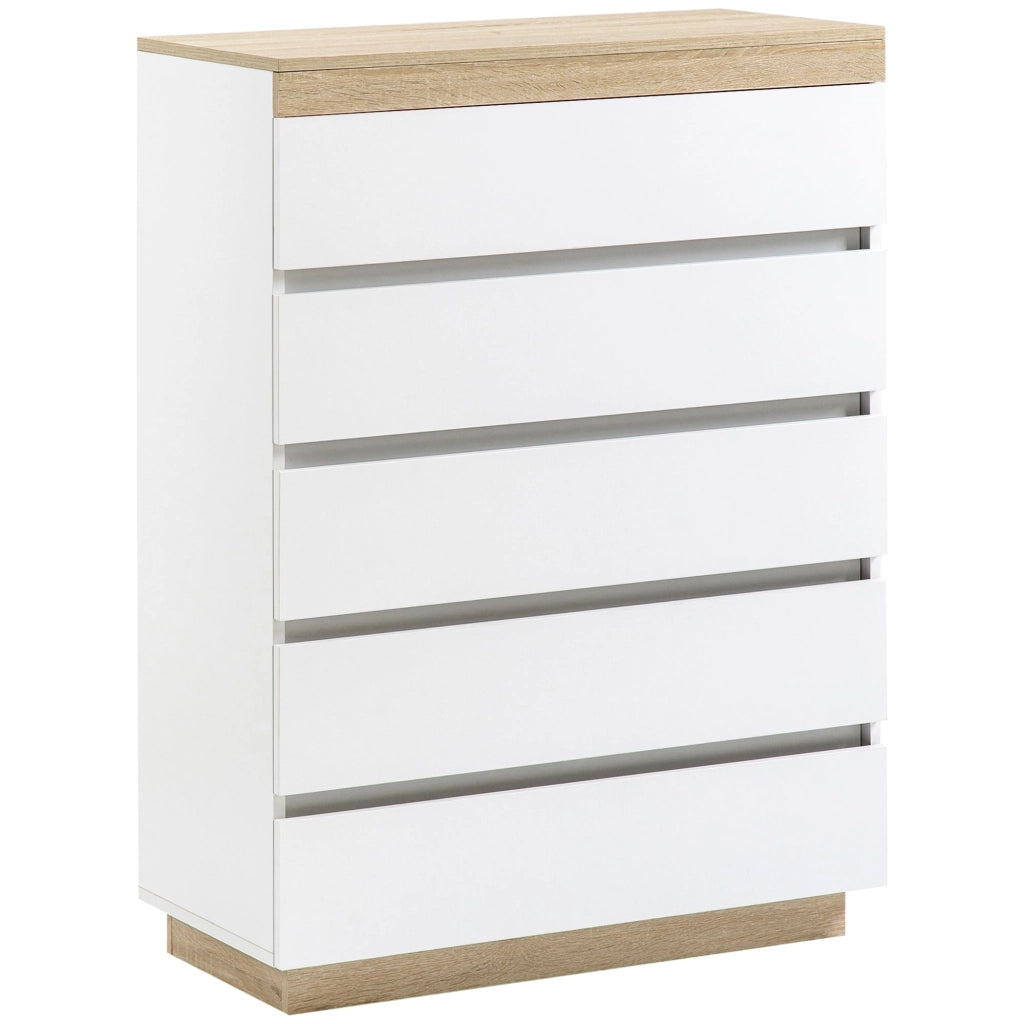 Cassettiera 5 Cassetti Design Minimal 80x40x109 cm Bianco e color Rovere