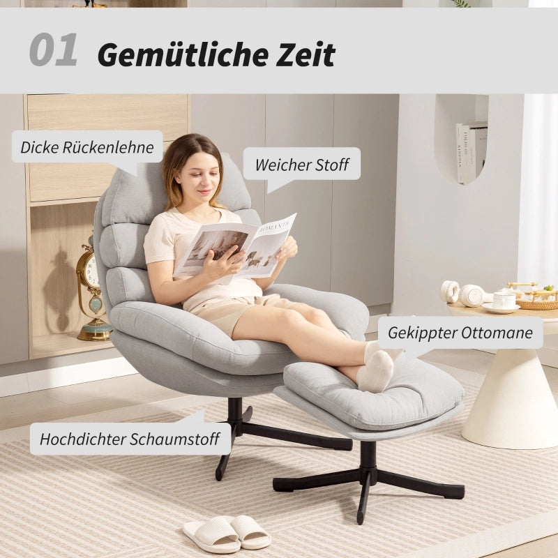 POLTRONA Girevole con Pouf 78x93x100 cm Poliestere Bianco crema
