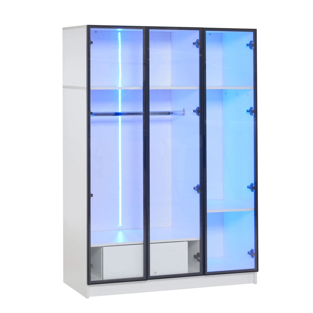 Armadio con 3 ante in vetro; 1 cassetto e LED - per camera da letto - 110x50x160 cm