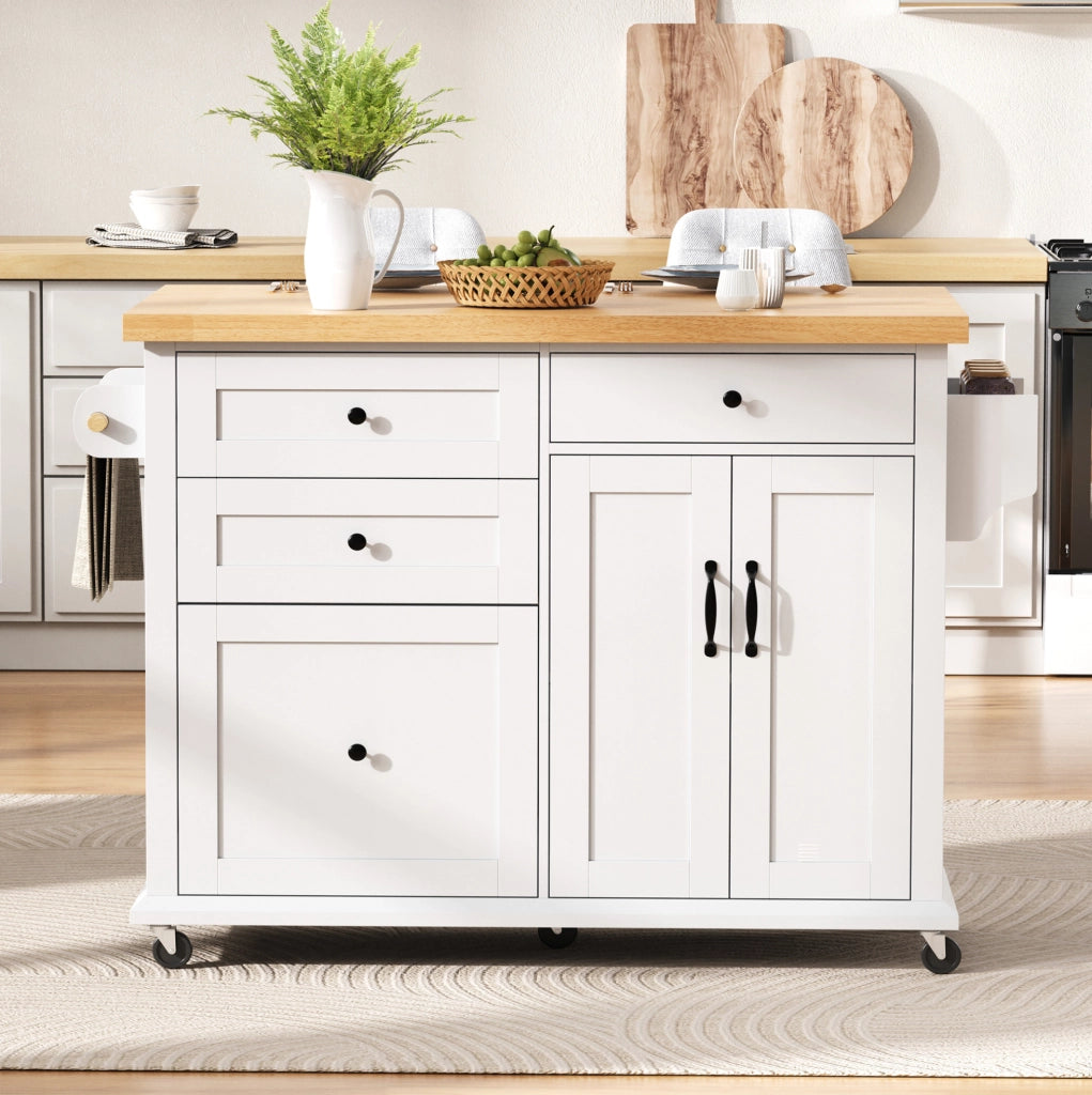 Isola da cucina 107x45-70x90.5 cm con piano estraibile in MDF bianco e naturale