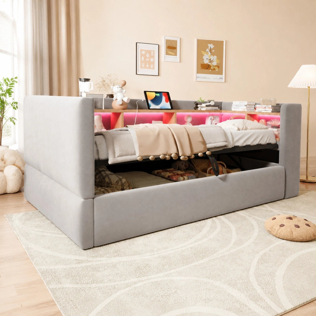 Divano letto imbottito 90x190 cm con contenitore idraulico; LED e prese; grigio chiaro