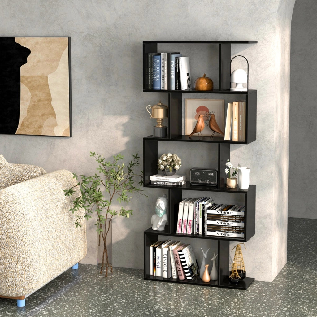 Scaffale a 5 ripiani con dispositivo antiribaltamento-Libreria geometrica a forma di S Nero