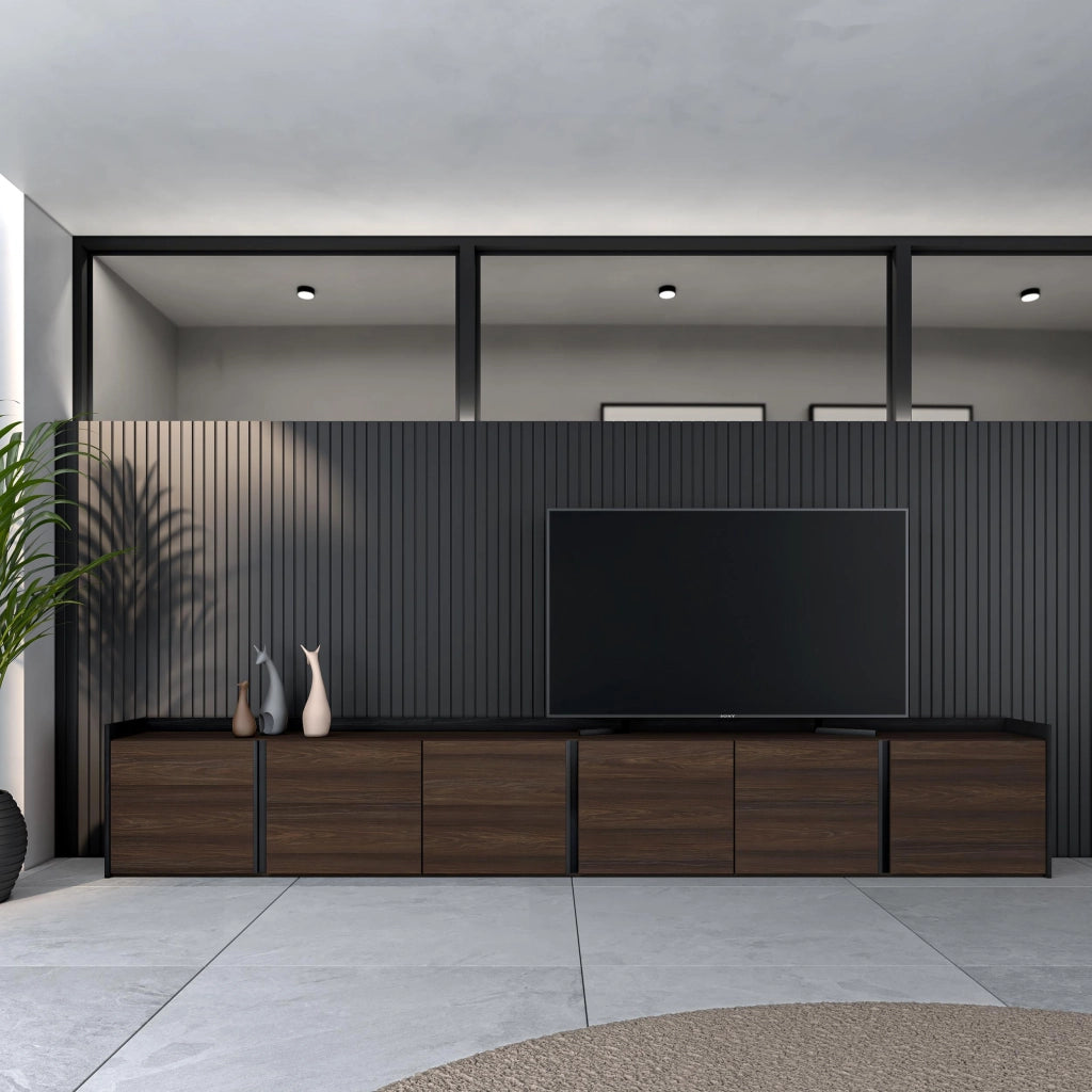 Mobile TV Soggiorno, 309x50x35 cm, Per TV fino a 80", Mobile Soggiorno, Rovere scuro e Nero