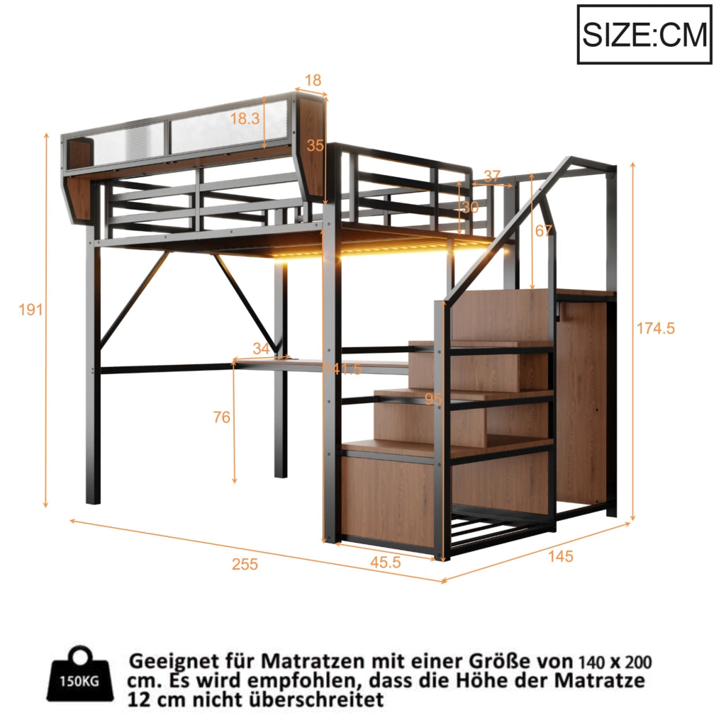 Letto a soppalco in metallo 140x200 cm con scrivania, LED e ripiani regolabili