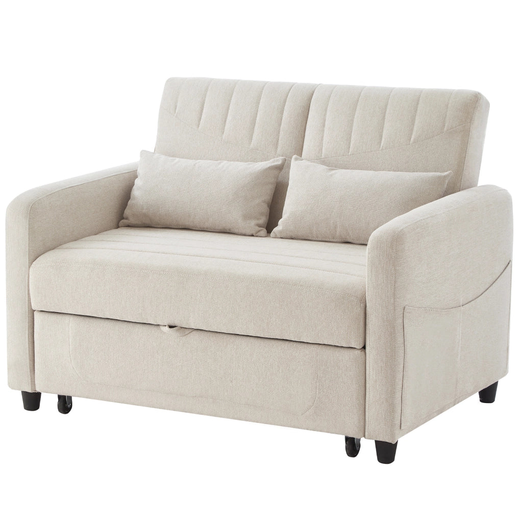 Sofà letto estraibile a due posti beige con schienale regolabile e due cuscini salvaspazio