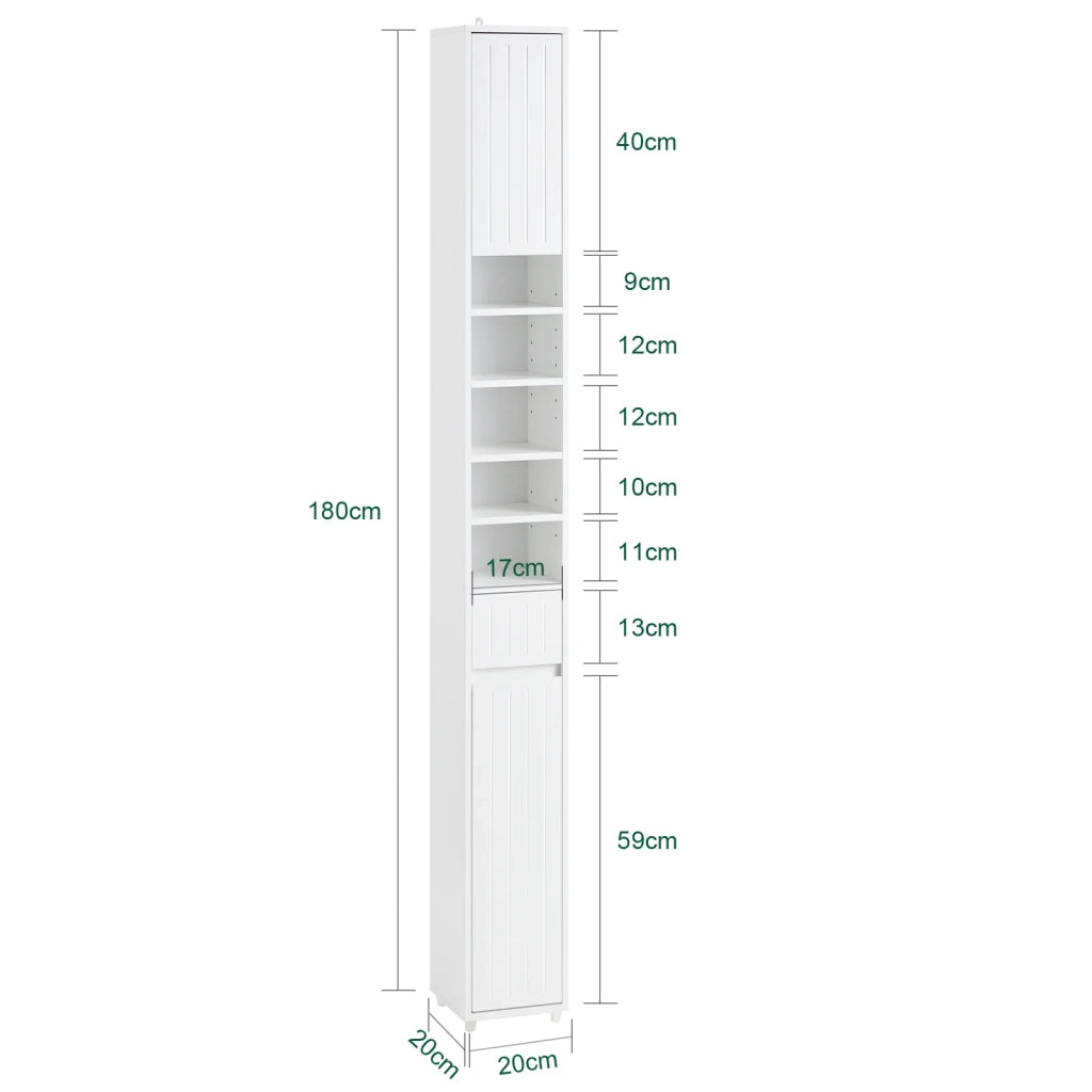 Armadio Colonna bagno, Mobile bagno alto con 2 Ante e 1 cassetto Bianco 20x20x180 BZR160-W