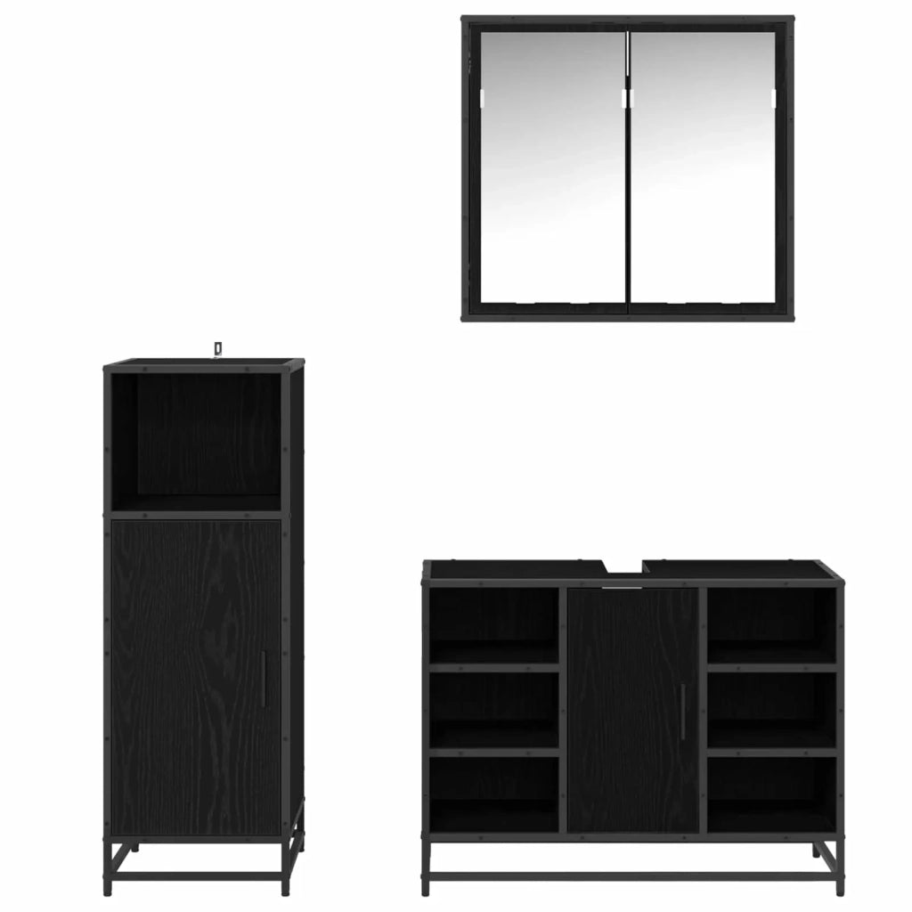 Set di mobili per il Bagno | Armadio da bagno 3 pz Rovere Nero Legno multistrato