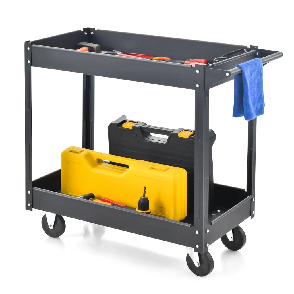 Carrello multiuso a 2 piani con maniglia telaio in metallo, Supporto per utensili portata 50kg da casa garage Nero-Deposito utensili Tool
