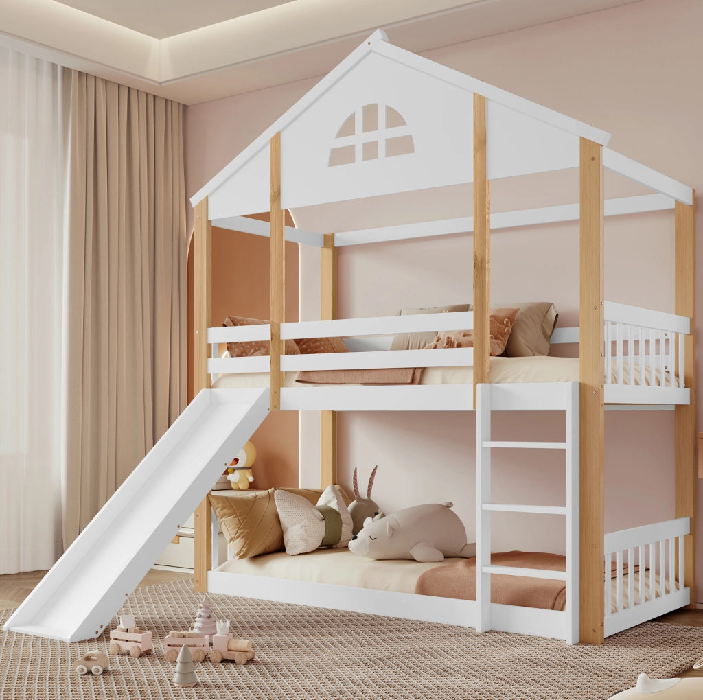 Letto a castello 90x200 cm con scivolo e scala a tre gradini in legno e MDF bianco e colore naturale