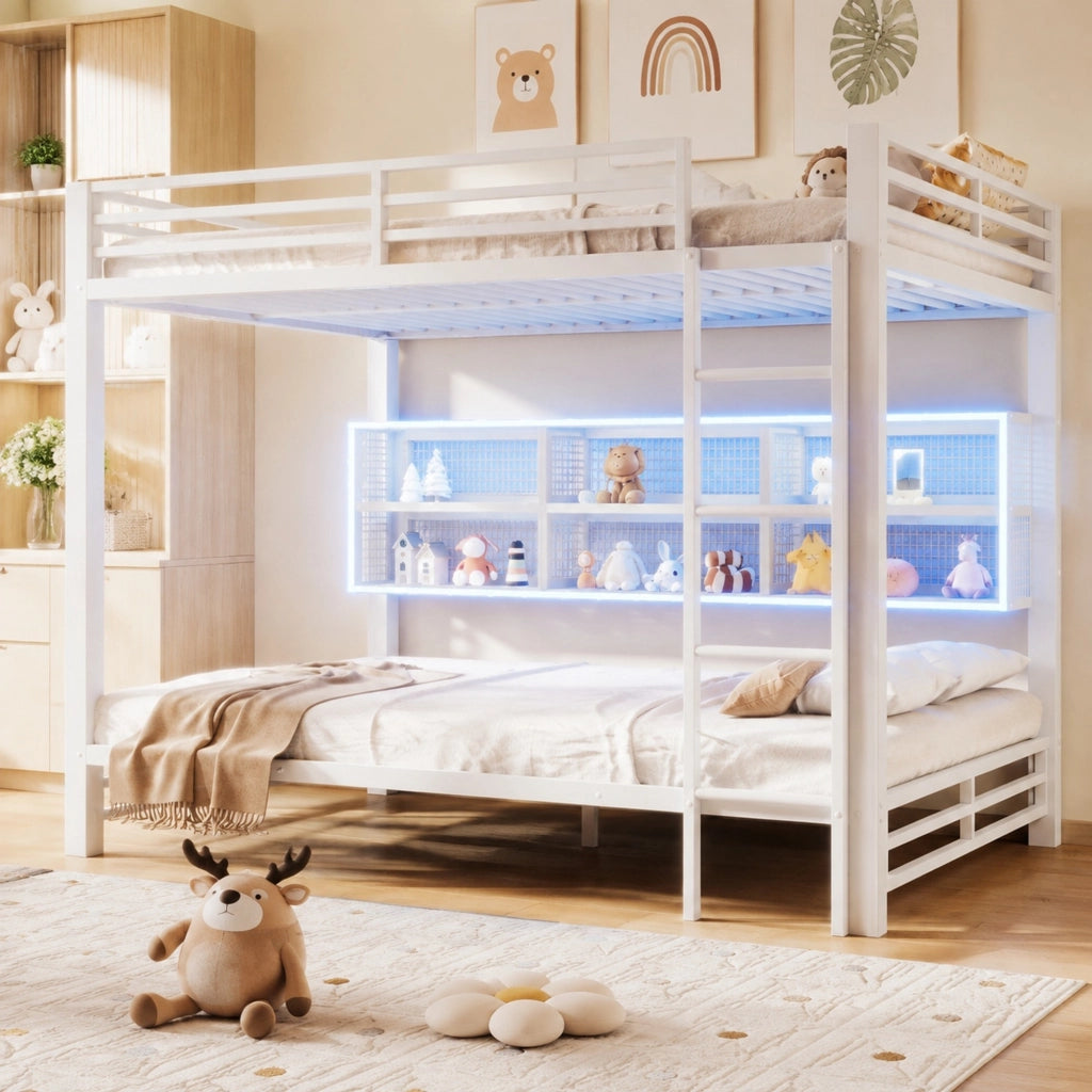 DESMIU Letto a castello 140 × 200 cm 2 posti con 6 vani portaoggetti, LED, senza materasso, metallo, bianco