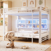DESMIU Letto a castello 140 × 200 cm 2 posti con 6 vani portaoggetti, LED, senza materasso, metallo, bianco