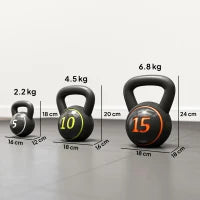 Set 3 Kettlebell da 2.2 kg, 4.5 kg e 6.8 kg con Base Piatta e Portapesi, in Plastica e Sabbia, Nero