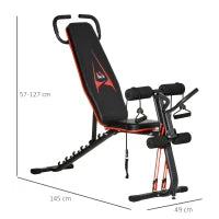 Panca Multifunzione, 6 livelli di Inclinazione, fino a 150 kg, in Acciaio e Pelle sintetica, 145x49x57-127 cm, Nera e Rossa