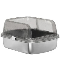 Lettiera per Gatti Coperta Chiusa con Vassoio in Acciaio Inox Pareti Alte Paletta e Area per Caduta di Sabbia Grigio