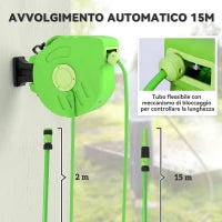Outsunny Avvolgitubo da Giardino Retrattile con Tubo dell'Acqua 15 m, Rullo Avvolgitubo da Parete Girevole a 180°, Avvolgitubo Automatico Tubo da Giardino per Irrigazione in plastica, Verde