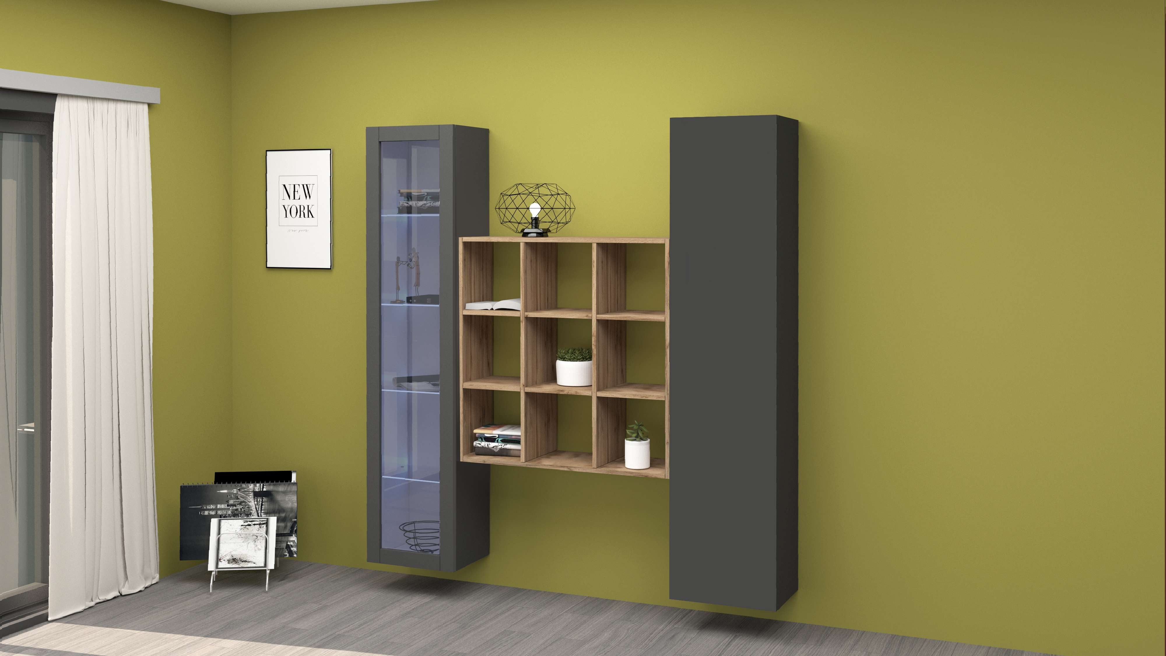 Parete attrezzata sospesa moderna armadio libreria vetrina antracite Tilla RT